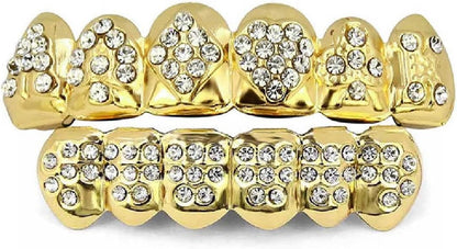 Grills for Your Teeth Gold Grillz Poker Heart Teeth Diamond Grillz for Men Women 18K Plated Iced Out Hip Hop Top & Bottom Face Grills for Teeth Rapper Costume Cosplay