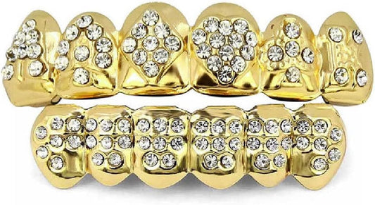 Grills for Your Teeth Gold Grillz Poker Heart Teeth Diamond Grillz for Men Women 18K Plated Iced Out Hip Hop Top & Bottom Face Grills for Teeth Rapper Costume Cosplay