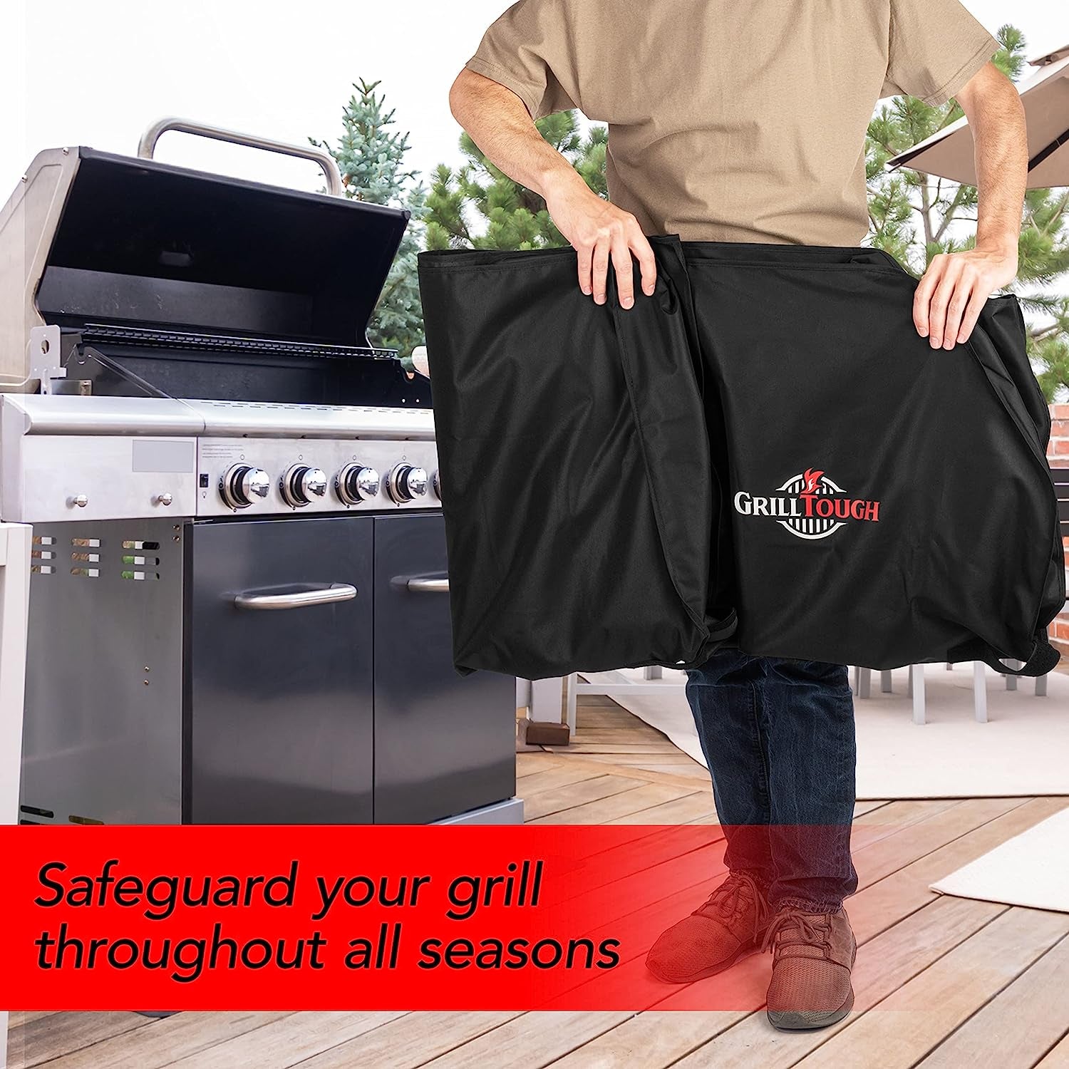Grilltough Heavy Duty BBQ Grill Cover for Outdoor Grill, 52 Inch – Waterproof, Weather Resistant, UV & Fade Resistant with Adjustable Straps – Gas Grill Cover for Weber, Genesis, Charbroil, Etc. Black
