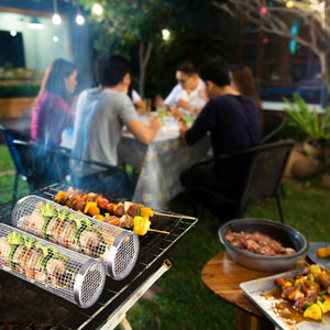 2 Pack Rolling Grill Basket BBQ Net Tube Stainless Steel BBQ Wire Mesh Cylinder Grilling Basket Portable Outdoor Camping Barbecue Rack for Fish, Shrimp, Meat, Vegetables, Fries, 11.8X3.5 Inch