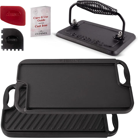 Image of Cast Iron Griddle/Grill + Burger Press + Pan Scrapers - Reversible Pre-Seasoned 16.75" X 9.5"-Inch Dual Handle Flat Skillet and Griller Pan + Cleaning Accessories - Indoor/Outdoor Stove Safe