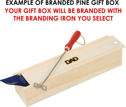 Western K Branding Iron for Steak, Buns, Wood & Leather | Includes Pine Gift Box & Wood Steak Plate