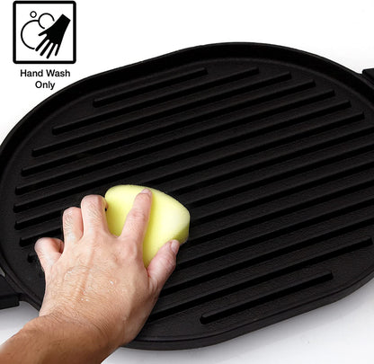 Cast Iron Grill, 12.42”X10.21” Non-Stick Grilling Surface, Deep Grill Ridges, Pre-Seasoned, Stay-Cool Silicone Handles, Easy-To-Clean, Oven Safe, Stovetop, BBQ, Fire & Smoker, Induction-Ready