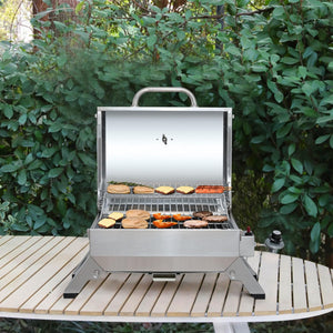 GT1001 Stainless Steel Portable Grill, 10000 BTU BBQ Tabletop Gas Grill with Folding Legs and Lockable Lid, Outdoor Camping, Deck and Tailgating, Silver