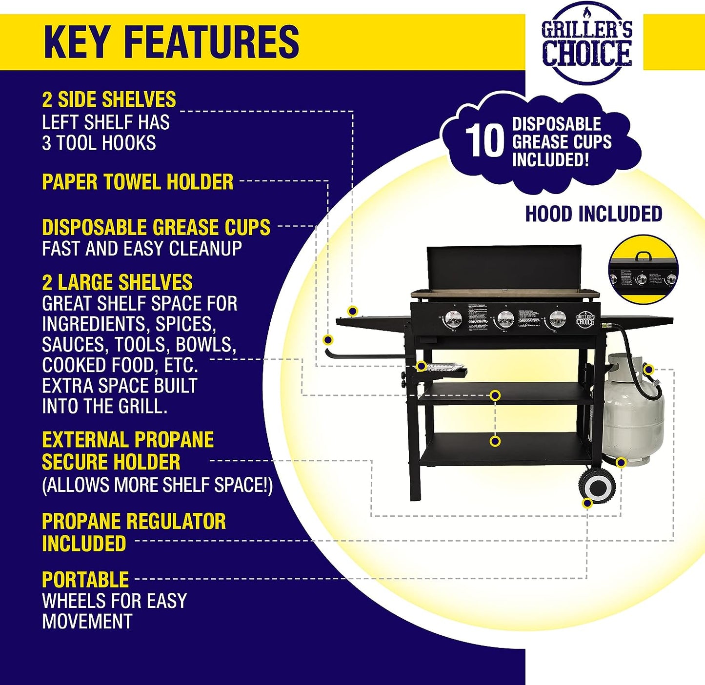 Outdoor Griddle Grill Propane Gas Flat Top - Hood Included, 4 Shelves, Disposable Grease Cups, 36,000 Btu'S, Large Cooking Area, Paper Towel Holder.