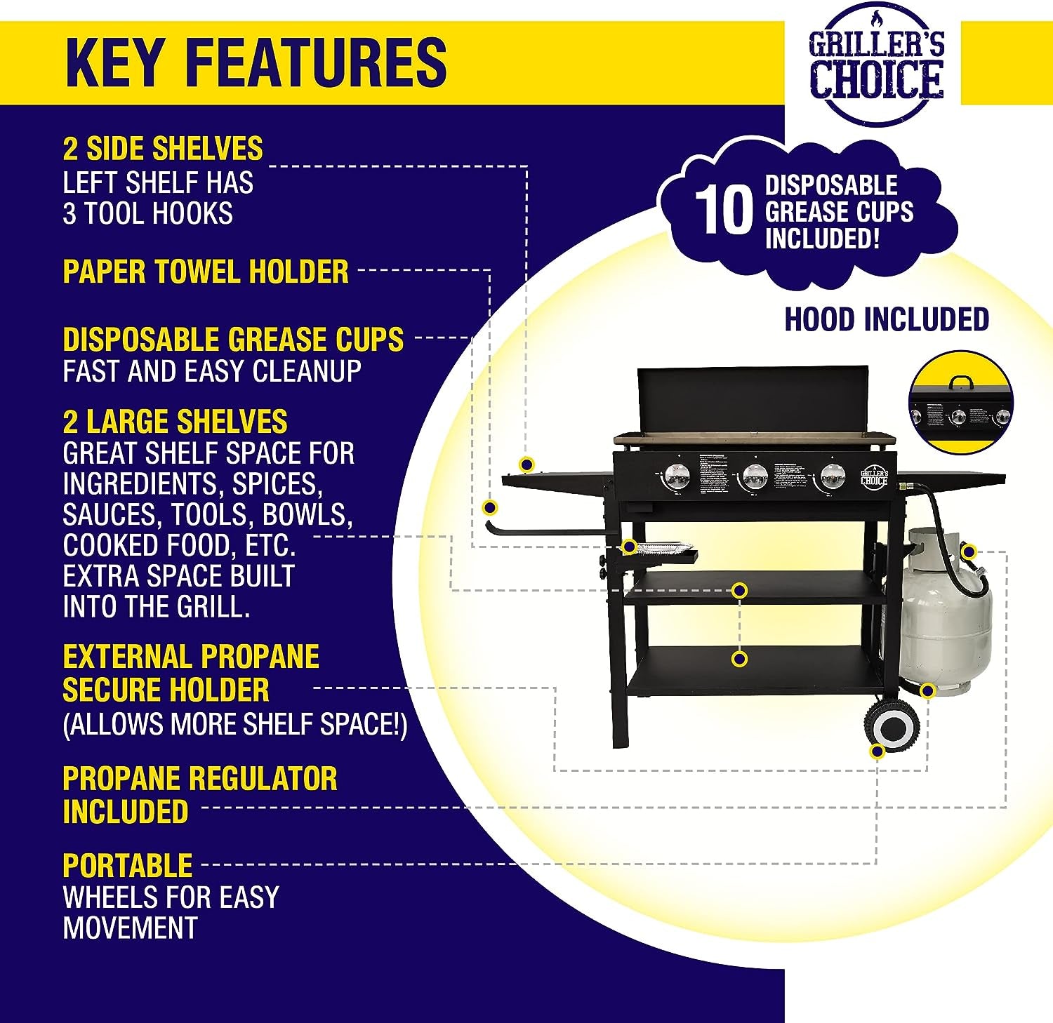 Outdoor Griddle Grill Propane Gas Flat Top - Hood Included, 4 Shelves, Disposable Grease Cups, 36,000 Btu'S, Large Cooking Area, Paper Towel Holder.