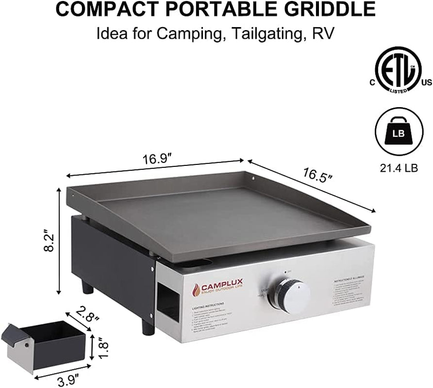 Camplux Propane Gas Grill,Flat Top Grill Station for Kitchen,Camping,Outdoor,Tabletop -Stainless Steel BBQ Griddle with Knobs & Ignition,17Inch