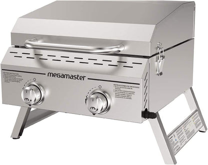 Megamaster Premium Outdoor Cooking 2-Burner Grill, While Camping, Outdoor Kitchen, Patio Garden, Barbecue with Two Foldable Legs, Silver in Stainless Steel