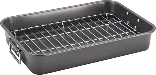 Farberware Bakeware Nonstick Steel Roaster with Flat Rack, 11-Inch X 15-Inch, Gray