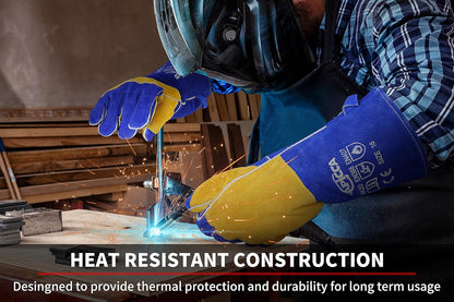 Welding Gloves Blue 16 Inches,932℉, Leather Forge/Mig/Stick Welding Gloves Heat/Fire Resistant, Mitts for Oven/Grill/Fireplace/Furnace/Stove/Pot Holder/Bbq/Animal Handling