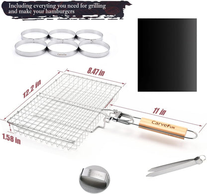 Grill Basket Stainless Steel BBQ Grilling Basket with Burger Press Set.Grill Basket for Fish,Vegetables BBQ Camping Accessories Outdoor Grilling Gifts for Men Dad Folding Grill Basket with Removable Handle