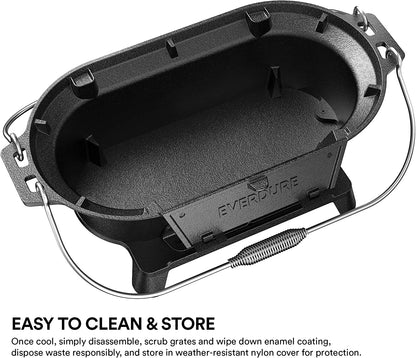 Everdure Oval Cast Iron Grill & Cover – Outdoor, Portable Charcoal Grill and Tabletop Cast Iron Skillet - 100% Cast Iron, Enameled, Durable, Small Charcoal Grill, Camping Stove, Hibachi Grill