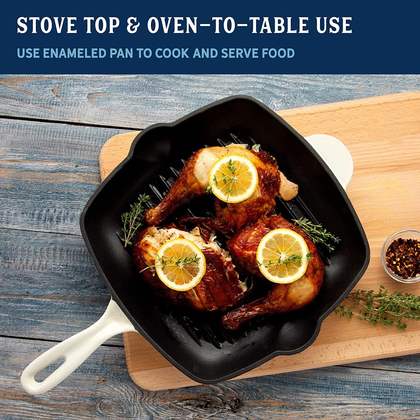 Enameled Cast Iron Square Griddle Grill Pan with Ridges, Helper Handle and Pouring Spouts for Easy Draining, Indoor Grilling Skillet, 11-Inch, Cream