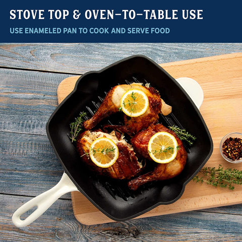 Image of Enameled Cast Iron Square Griddle Grill Pan with Ridges, Helper Handle and Pouring Spouts for Easy Draining, Indoor Grilling Skillet, 11-Inch, Cream