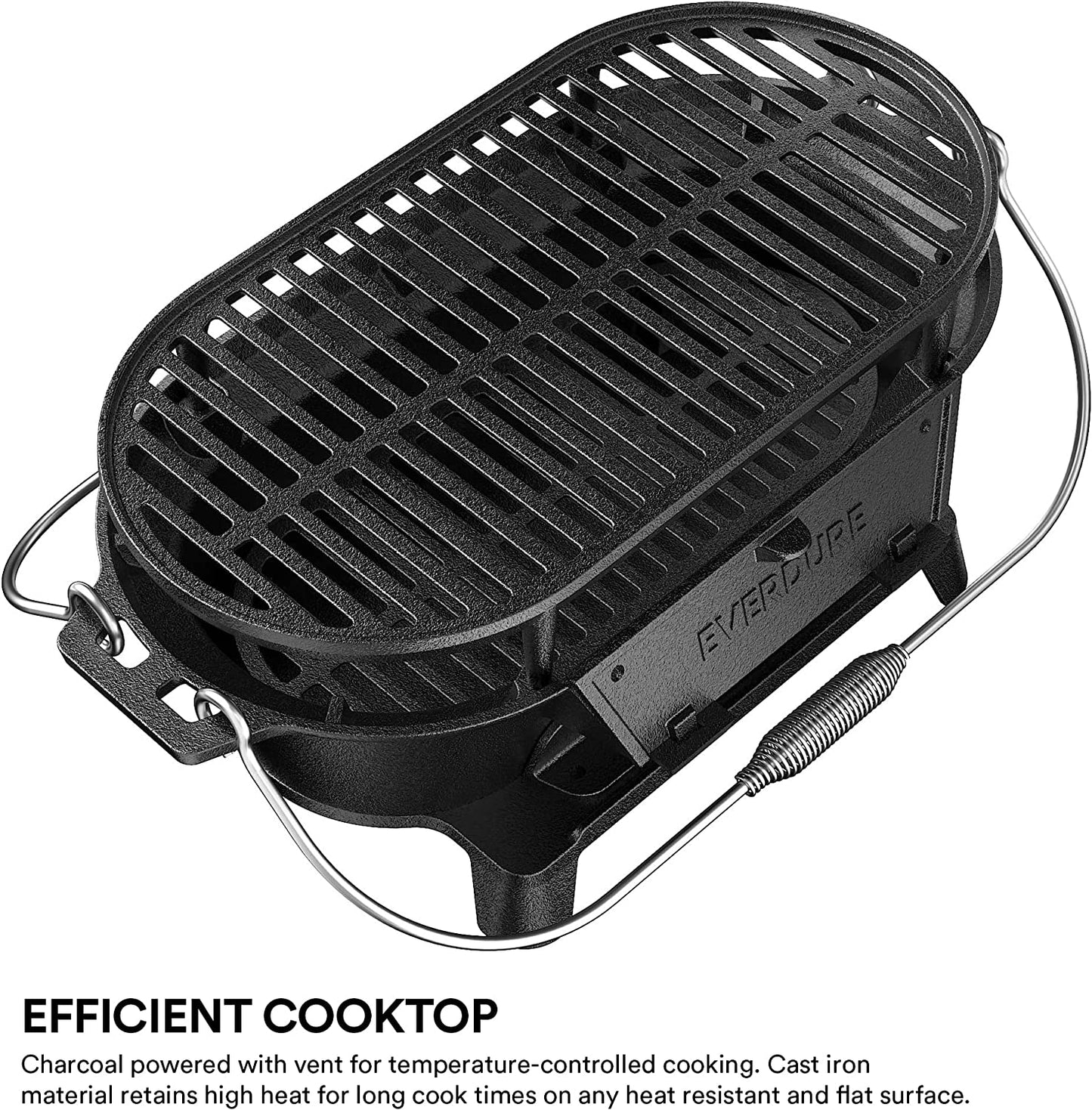 Everdure Oval Cast Iron Grill & Cover – Outdoor, Portable Charcoal Grill and Tabletop Cast Iron Skillet - 100% Cast Iron, Enameled, Durable, Small Charcoal Grill, Camping Stove, Hibachi Grill