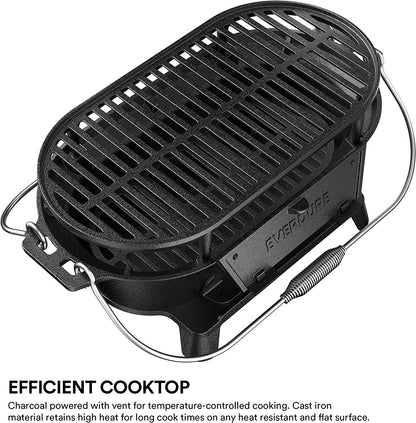 Everdure Oval Cast Iron Grill & Cover – Outdoor, Portable Charcoal Grill and Tabletop Cast Iron Skillet - 100% Cast Iron, Enameled, Durable, Small Charcoal Grill, Camping Stove, Hibachi Grill