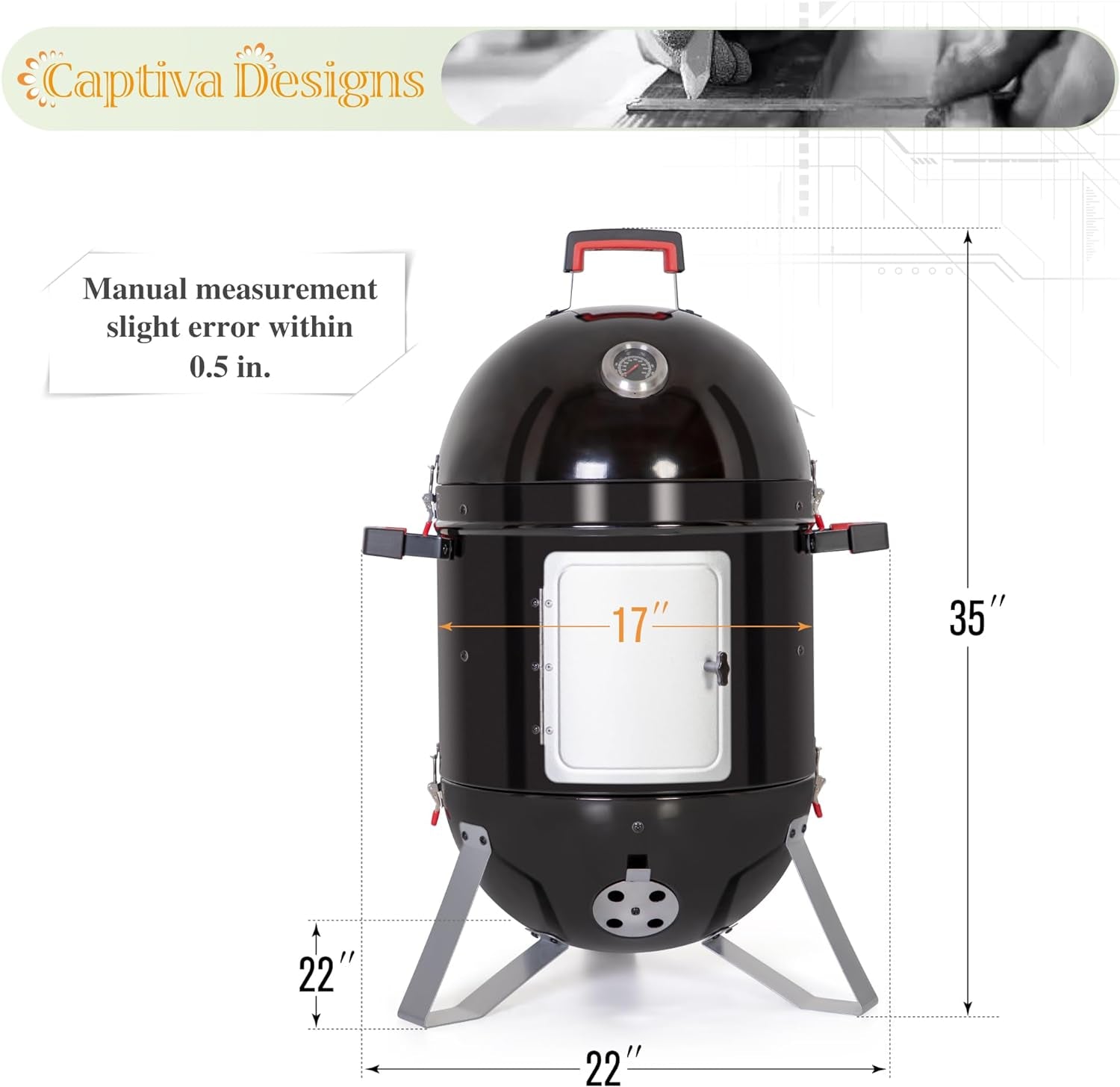 18-Inch Vertical Charcoal Smoker Grill with Porcelain-Enameled Smoking Chamber, Wood Mountain Smoker for Meat Turkey and BBQ, with Built-In Thermometer