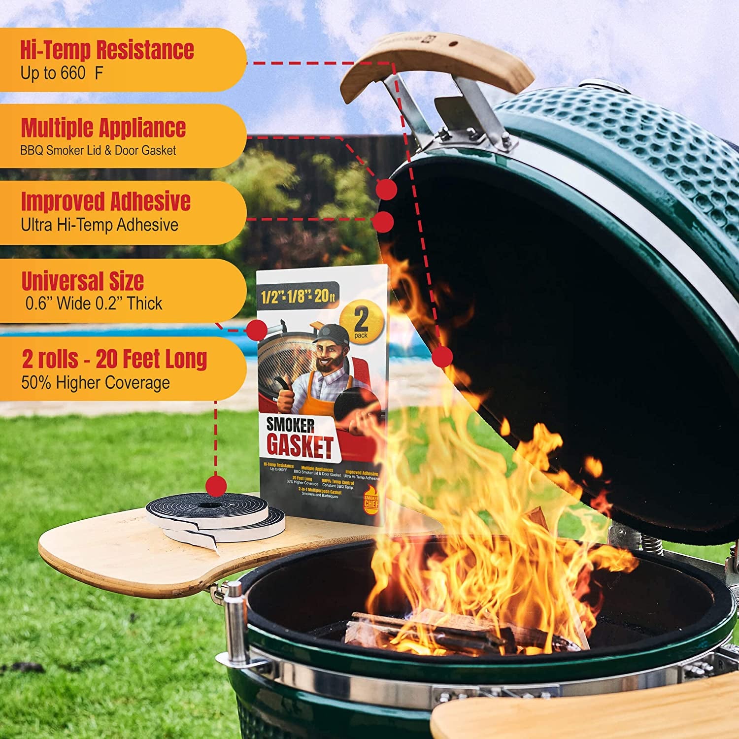 Smoker Chef XXL 20 FT Grill Gasket for Smokers - Black 1/2’’ X 1/8’’ Hi Temp Seal Smoker Gasket – 2-Pack X 10 FT Self Stick Black Nomex Fire Tape for BBQ Lid – High Heat Temperature Material Replace