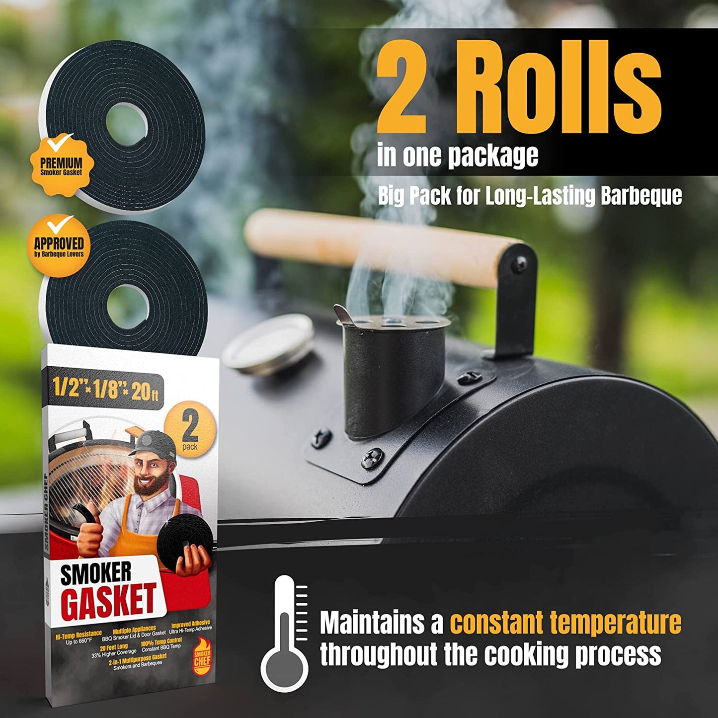 Smoker Chef XXL 20 FT Grill Gasket for Smokers - Black 1/2’’ X 1/8’’ Hi Temp Seal Smoker Gasket – 2-Pack X 10 FT Self Stick Black Nomex Fire Tape for BBQ Lid – High Heat Temperature Material Replace