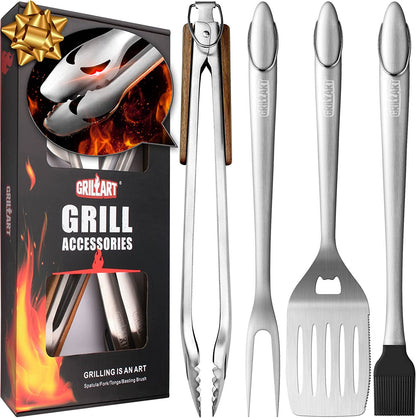 GRILLART BBQ Tools Grill Tools Set - 18Inch Grilling Tools BBQ Set - Grill Accessories W/Bbq Tongs, Spatula, Fork, Brush - Stainless Grill Kit Grilling Set - Gift Ideas BBQ Accessories, Gifts for Men