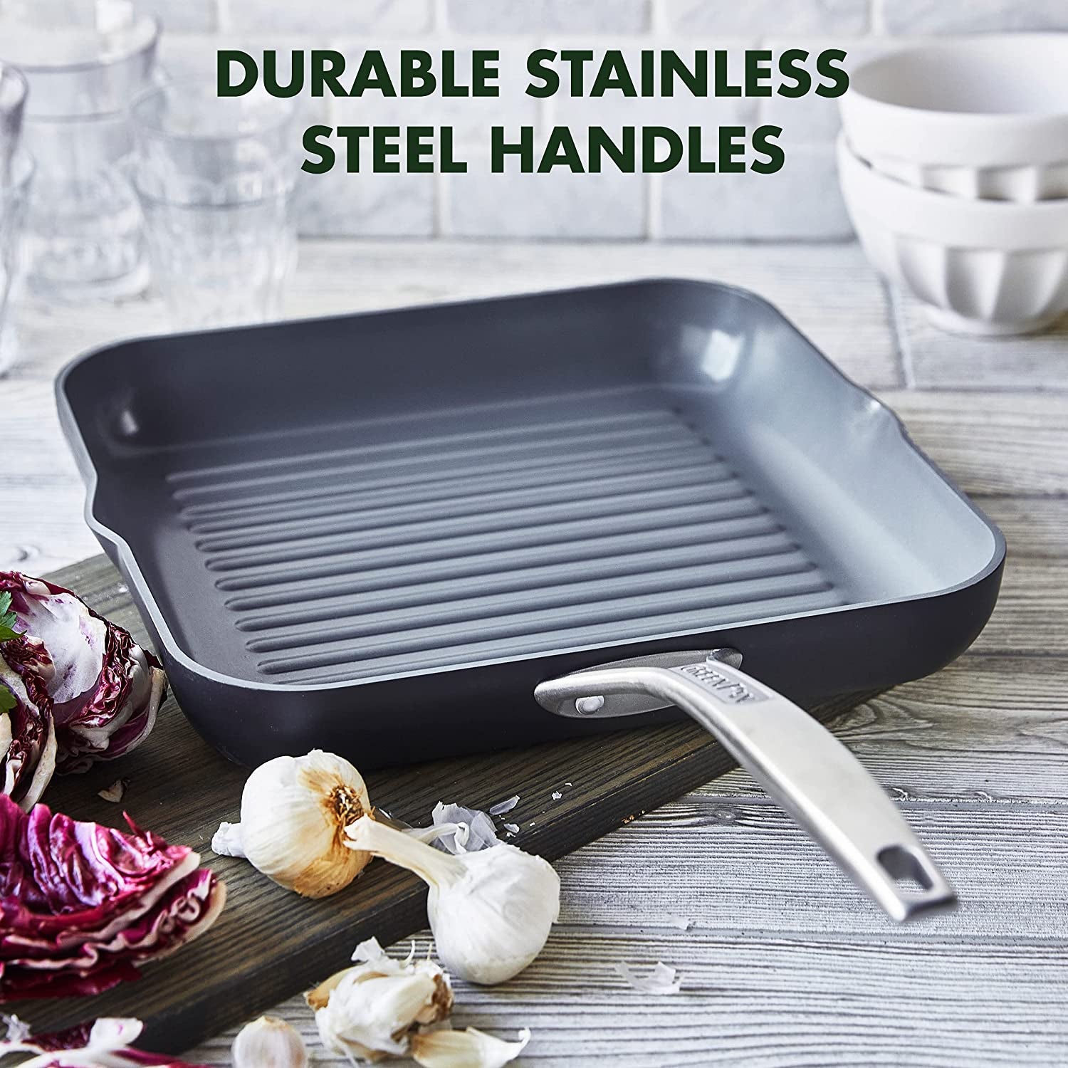 Paris Pro Hard Anodized Healthy Ceramic Nonstick, 11" Square Grill Pan, Pfas-Free, Dishwasher Safe, Grey