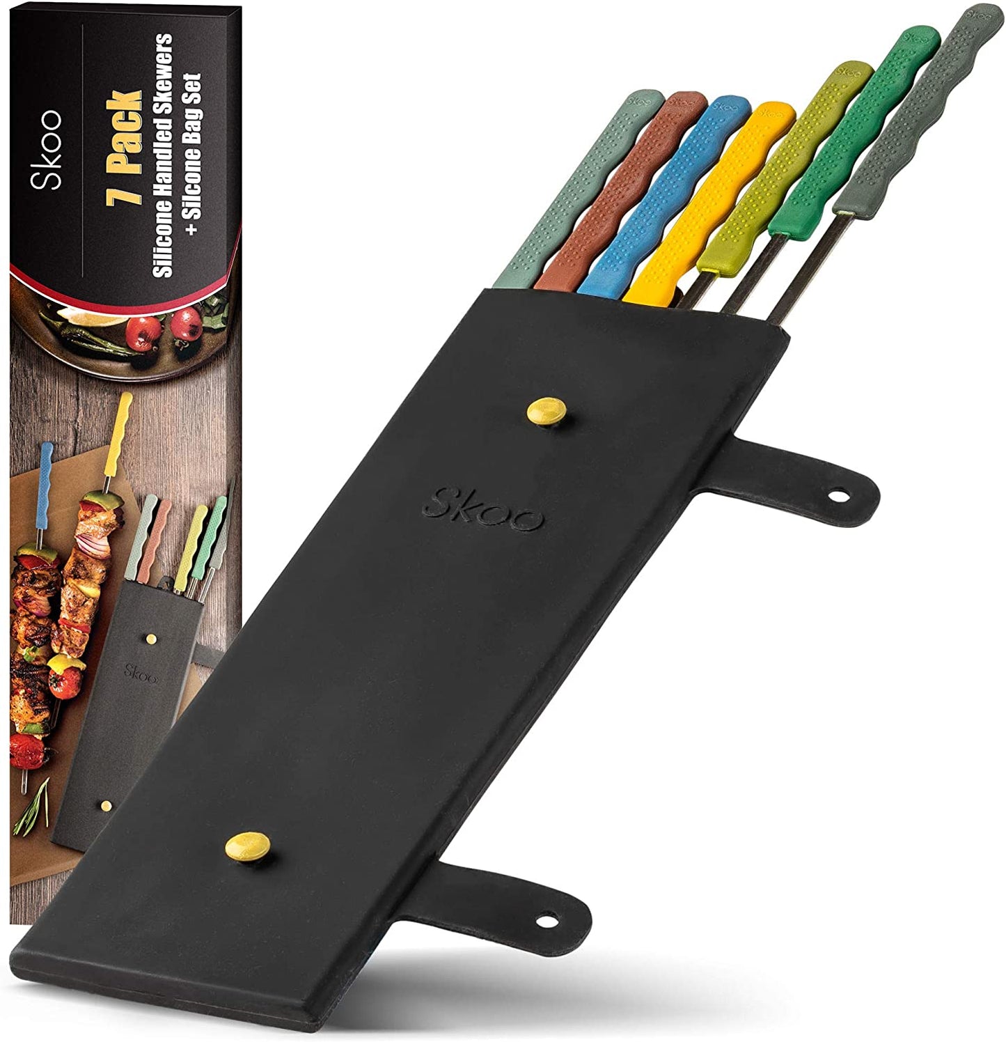 Skoo Barbecue Skewers Set - 7 Silicone Handled Stainless Steel BBQ Skewers + Silicone Storage Bag - 14" Flat Metal Shish Kebab Skewers for Grilling - Reusable Grill Kabob Skewer Sticks + Rollable Bag