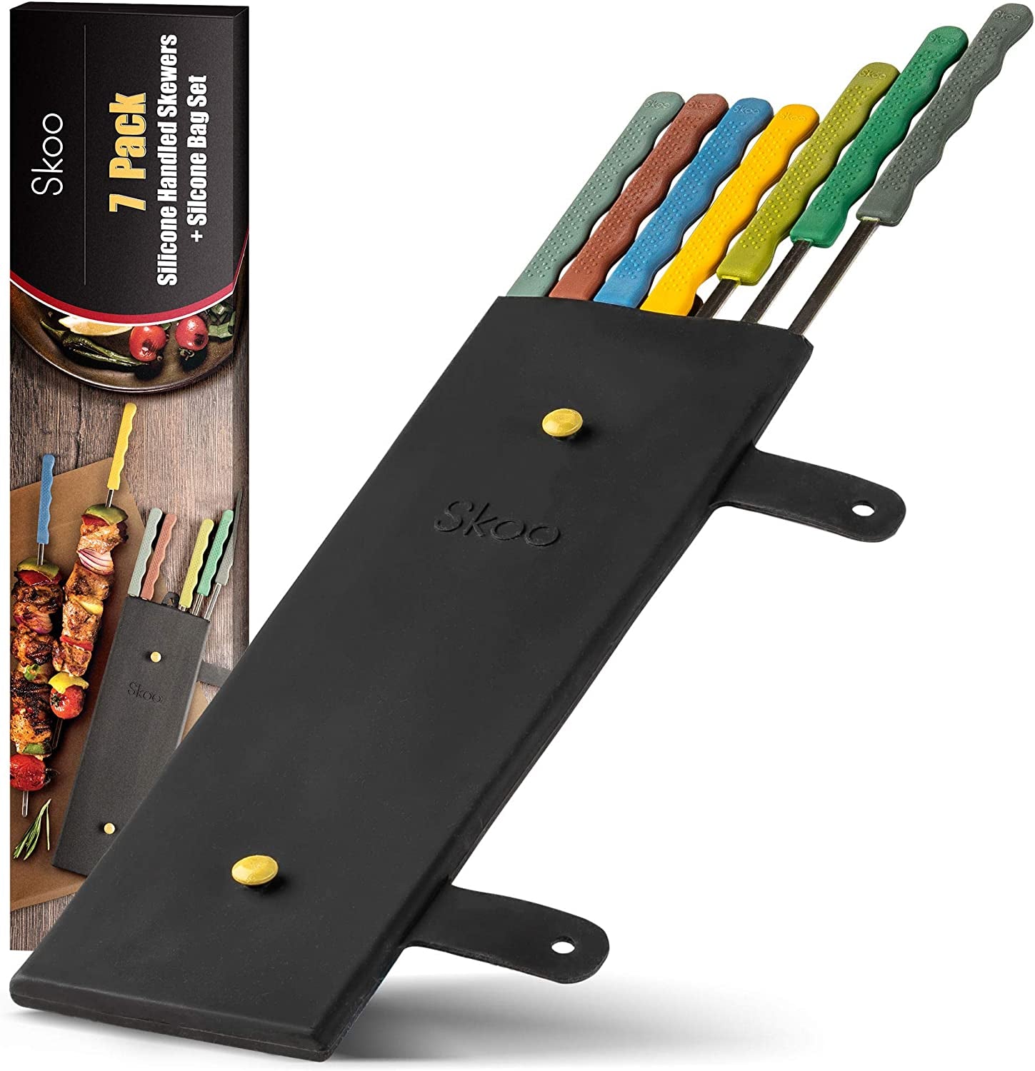 Skoo Barbecue Skewers Set - 7 Silicone Handled Stainless Steel BBQ Skewers + Silicone Storage Bag - 14" Flat Metal Shish Kebab Skewers for Grilling - Reusable Grill Kabob Skewer Sticks + Rollable Bag