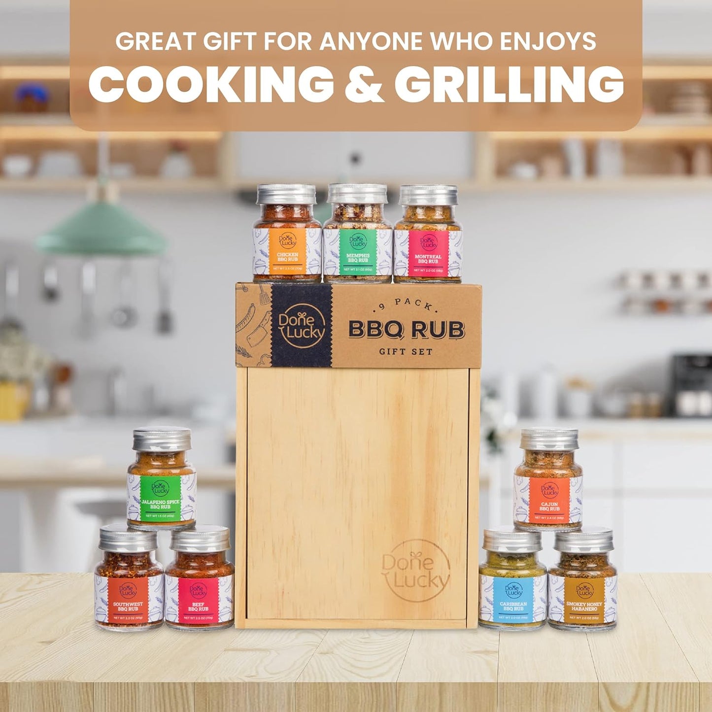 BBQ Rub Gift Set - Spice Gift Set in Premium Wooden Box - Great Grilling Gift for Christmas, Birthday, Father’S Day for Him, Dad, Men, or Her - Unique Barbecue Seasonings (Set of 9)