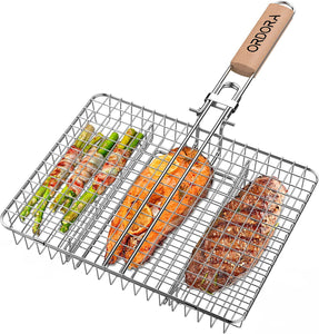 Grill Basket, Fish Grill Basket, Rustproof Stainless Steel BBQ Grilling Basket for Meat,Steak, Shrimp, Vegetables, Chops, Heavy Duty Grill Basket Outdoor Grill Accessories