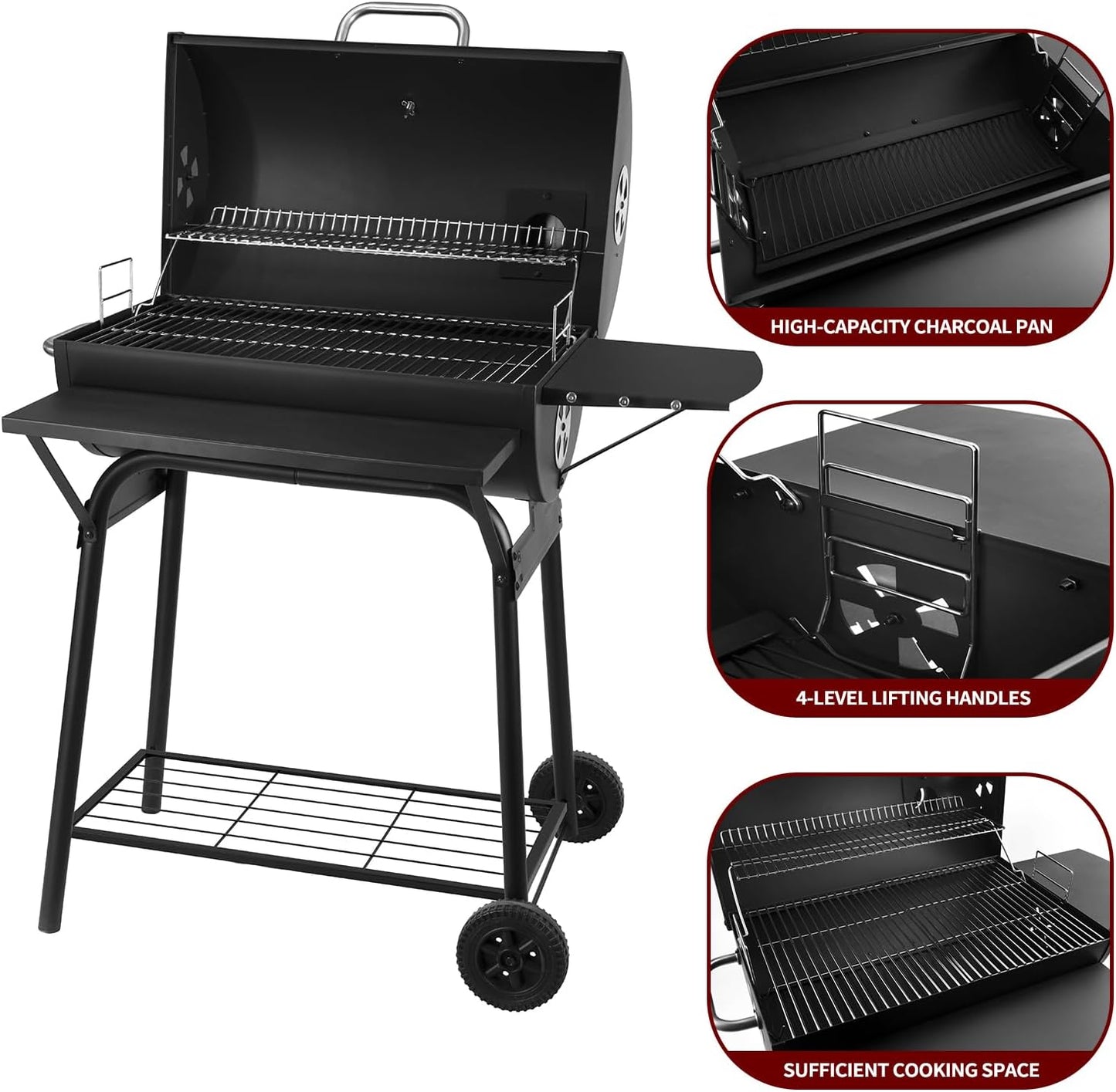 Charcoal Grills Outdoor BBQ Grill 30INCH Barrel Charcoal Grill with Side Table, 627 Square Inches, Outdoor Backyard Camping Picnics, Patio and Parties, Black by