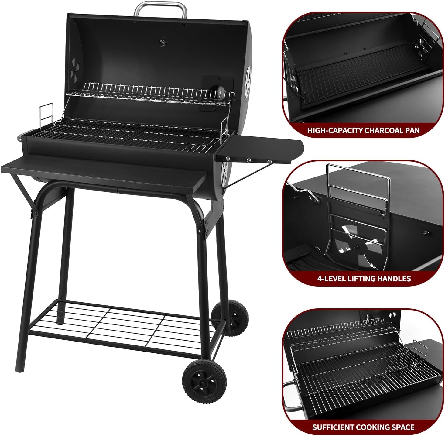 Charcoal Grills Outdoor BBQ Grill 30INCH Barrel Charcoal Grill with Side Table, 627 Square Inches, Outdoor Backyard Camping Picnics, Patio and Parties, Black by