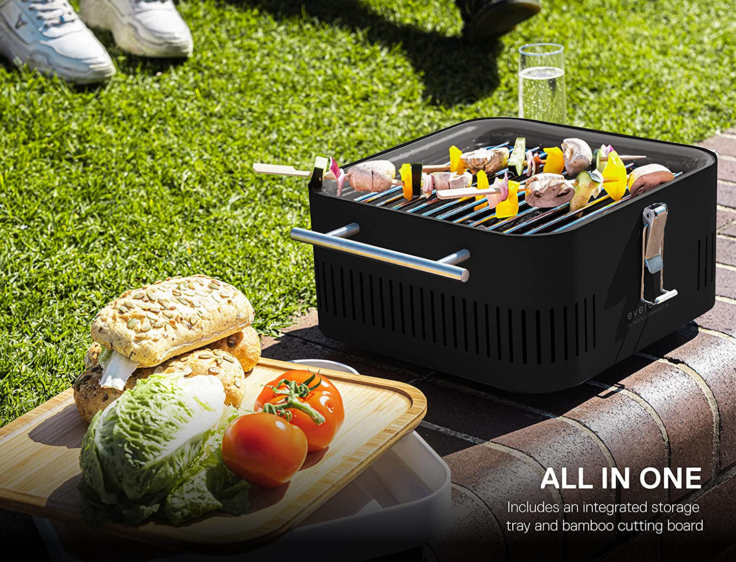 Everdure CUBE Portable Charcoal Grill, Tabletop BBQ, Perfect Tailgate, Beach, Patio, or Camping Grill, Lightweight & Compact Small Grill with Preparation Board & Food Storage Tray, Graphite