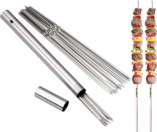 WILLBBQ 304 Stainless Steel 13.2" Long Flat Barbecue Skewers,20Pcs/40Pcs BBQ Kebab Skewers with Portable Metal Storage Tube,Reusable for Grilling Barbecue Kitchen Party and Outdoor Cooking (40PCS)