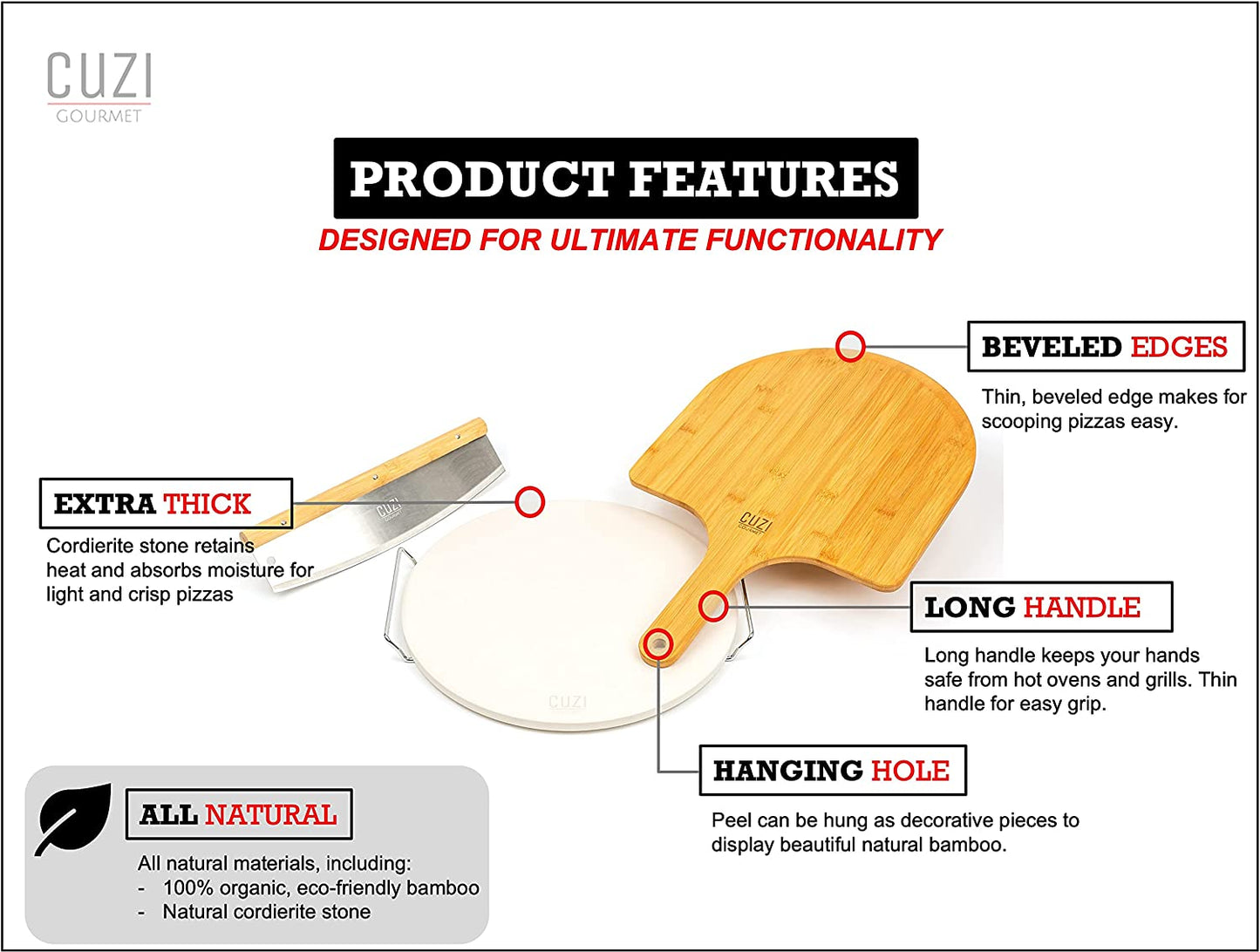 4-Piece Large Pizza Stone Set - 13" Thermal Shock Resistant Cordierite Pizza Stone with Handle Rack, 19" Natural Bamboo Pizza Peel & Pizza Cutter - Large Baking Stone for Grill and Oven