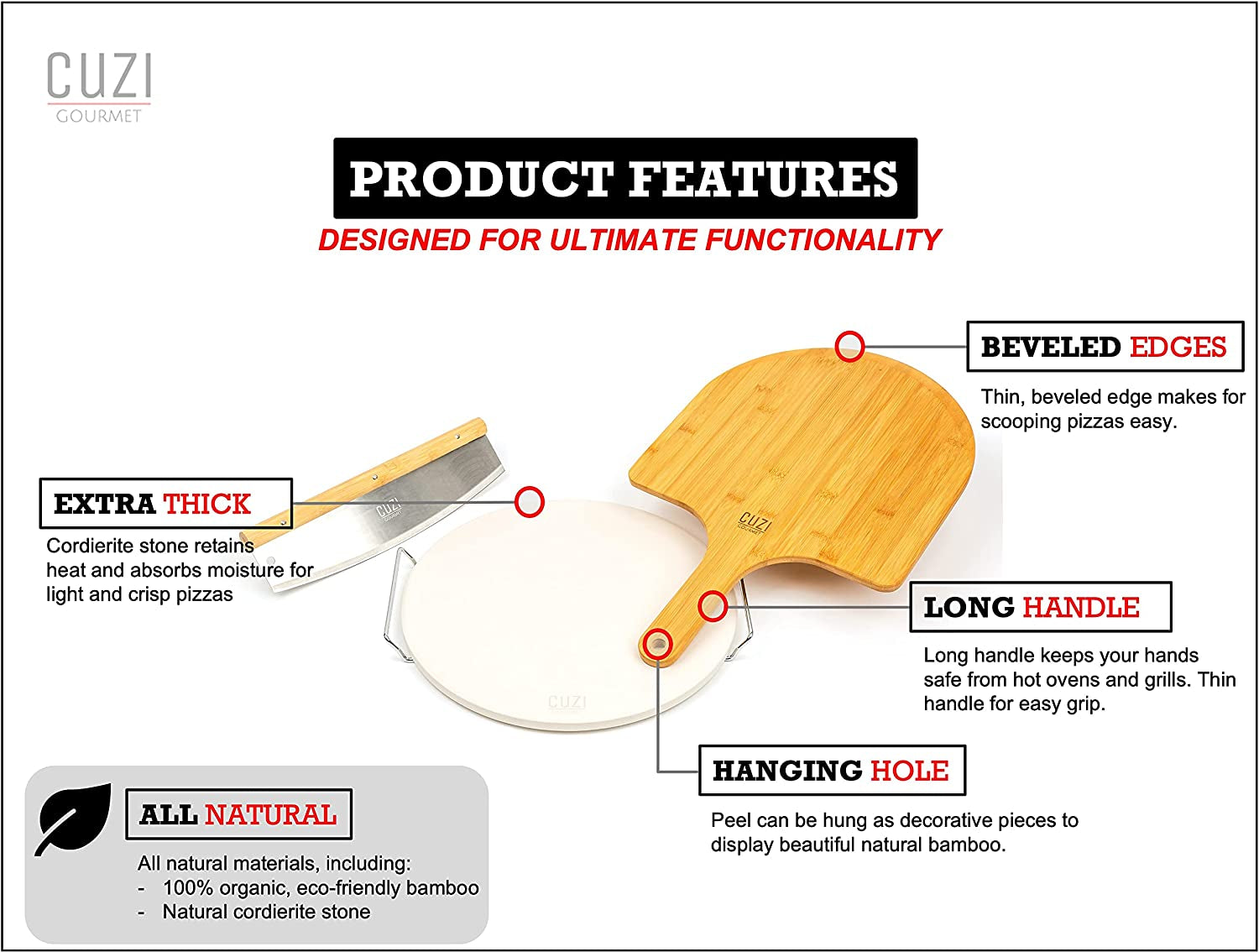 4-Piece Large Pizza Stone Set - 13" Thermal Shock Resistant Cordierite Pizza Stone with Handle Rack, 19" Natural Bamboo Pizza Peel & Pizza Cutter - Large Baking Stone for Grill and Oven