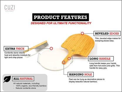 4-Piece Large Pizza Stone Set - 13" Thermal Shock Resistant Cordierite Pizza Stone with Handle Rack, 19" Natural Bamboo Pizza Peel & Pizza Cutter - Large Baking Stone for Grill and Oven