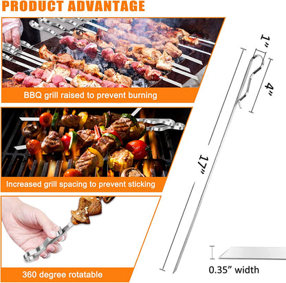 Barbecue Skewer, Bearmoo 17” Stainless Steel Shish Kabob Skewers – 0.35” Width Flat BBQ Metal Skewers for Grilling (Set of 6 Skewers + 2 Grill Racks + 1 Handy Storage)