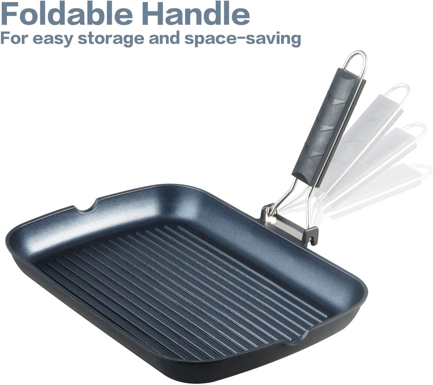 Grill Pan with Folding Handle, Nonstick Grill Pan for Stove Tops, Induction Compatible KBBQ Grill Pan with Pour Spouts, Indoor Rectangle BBQ Grilling Pan - 13 × 9IN