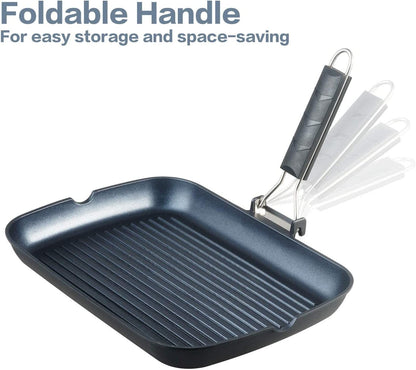 Grill Pan with Folding Handle, Nonstick Grill Pan for Stove Tops, Induction Compatible KBBQ Grill Pan with Pour Spouts, Indoor Rectangle BBQ Grilling Pan - 13 × 9IN