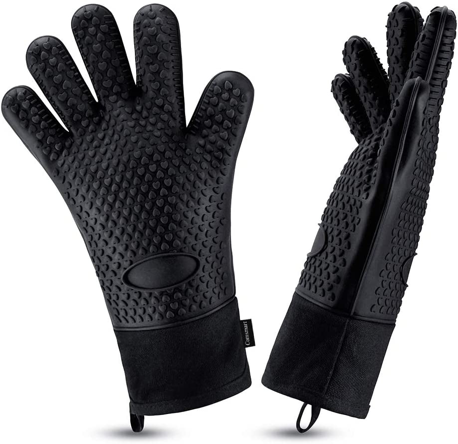BBQ Gloves, Heat Resistant Silicone Grilling Gloves, Long Waterproof BBQ Kitchen Oven Mitts with Inner Cotton Layer for Barbecue, Cooking, Baking, Smoker(Black)