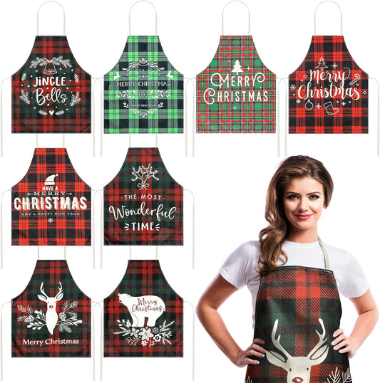 8 Pcs Christmas Buffalo Plaid Aprons Waterproof Holiday Kitchen Aprons Xmas Adjustable Baking Cooking Aprons Merry Christmas Aprons for Women Men Adults Chef Housewife