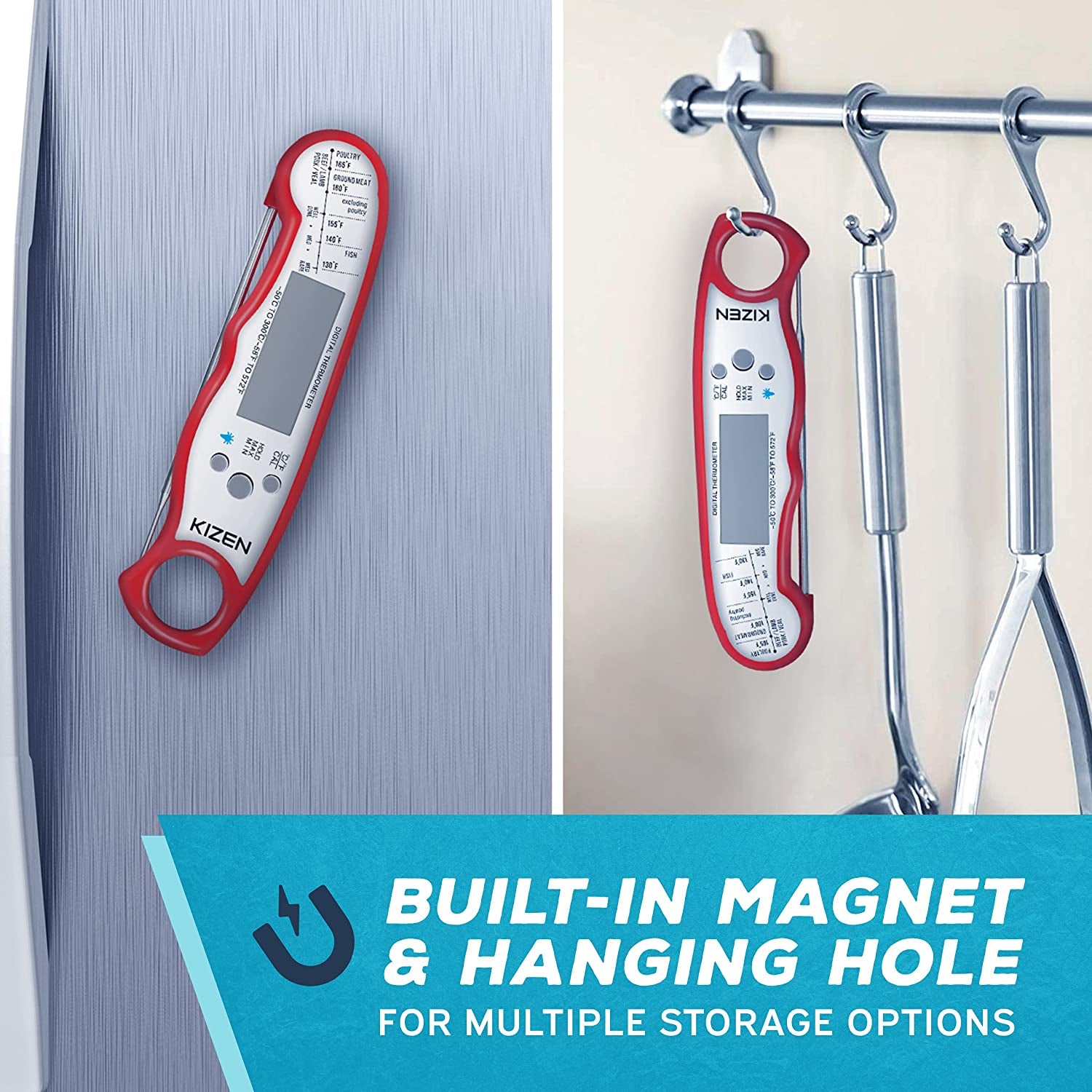 Digital Meat Thermometer with Probe - Instant Read Food Thermometer for Cooking, Grilling, BBQ, Baking, Liquids, Candy, Deep Frying, and More - Red/White