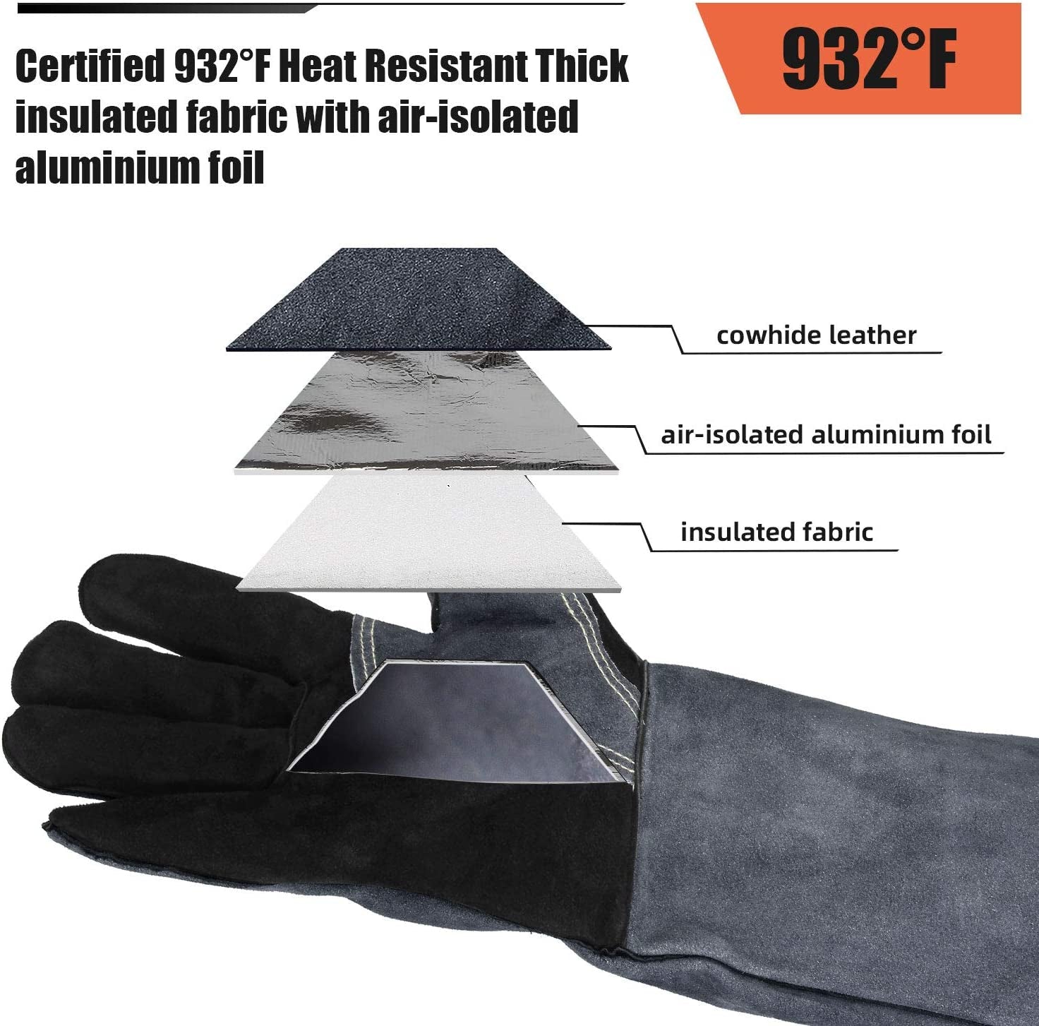 932°F Heat Resistant Welding Gloves 16 Inches Cowhide Leather - Long Sleeve and Insulated Lining BBQ Glove for Tig Welder/Mig/Grill/Barbecue/Green Egg/Stove Black-Gray