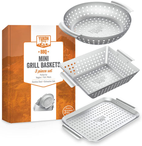 Image of Grill Basket - ™ 3-Piece Mini Grilling Basket Set - Stainless Steel Perforated Grill Baskets for Grilling Veggies Seafood and Meats Includes Grill Pan - Square Basket and Circular Basket