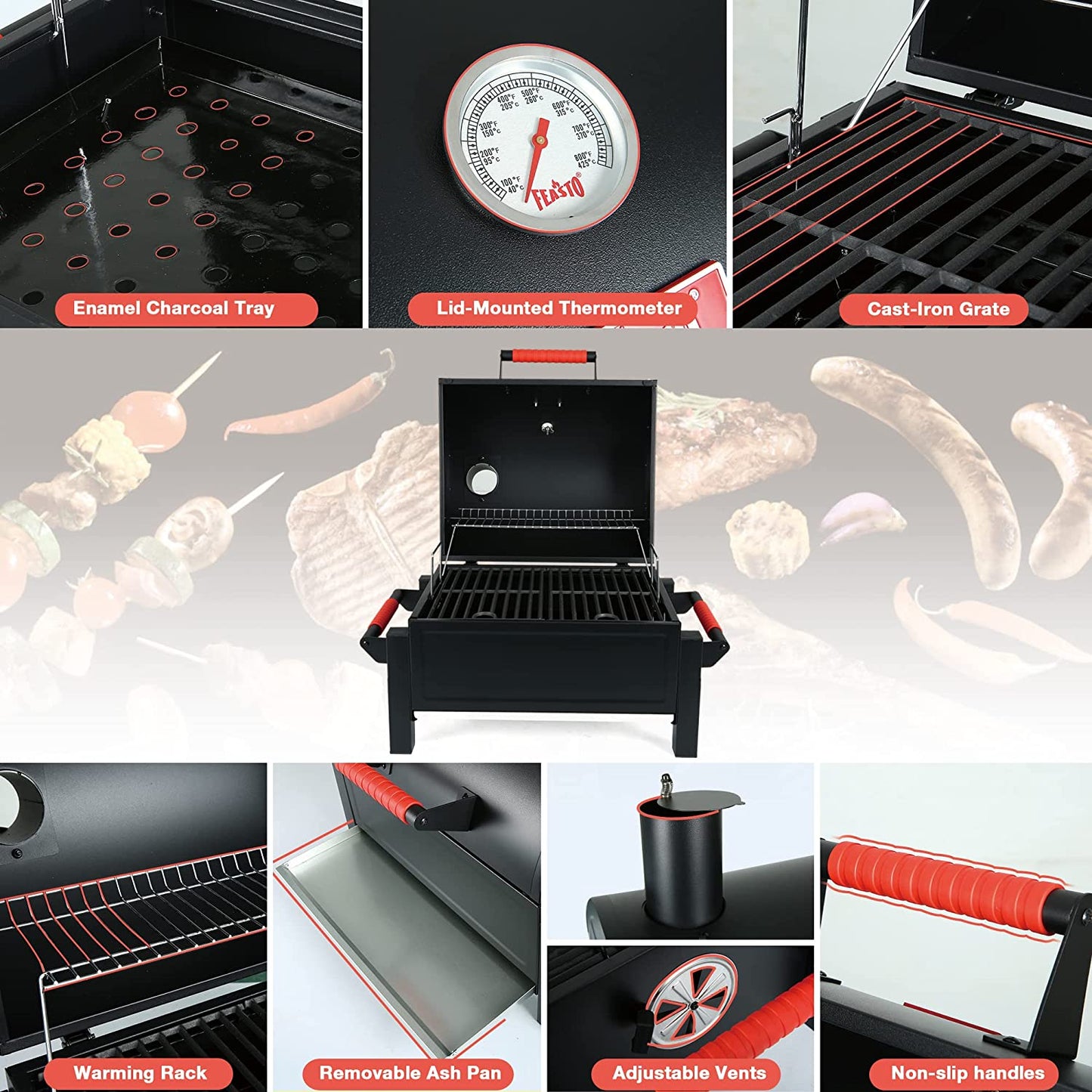 Feasto Portable Charcoal Grill Grates with Cast Iron Grill, Anti-Scalding Handles,Tabletop Grill with 354 Square Inches Cooking Area, for Outdoor Camping and Picnic, Black, L26.8’’X W20’’X H21.3’’