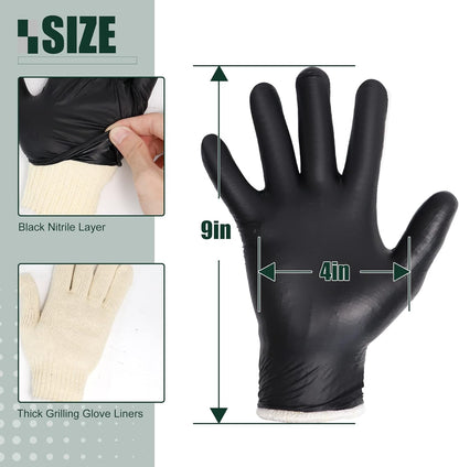 BBQ Gloves Kit with 2 Pairs of Reusable Heat Resistant Grilling Gloves Liner and 100 Pieces Disposable Nitrile Gloves for Outdoor Cooking and Barbecue, Black, X-Large
