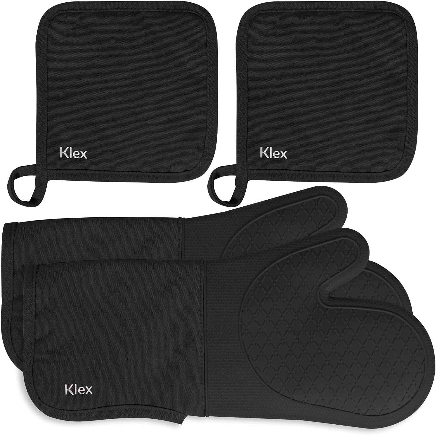Extra Long Silicone Oven Mitts and Pot Holders, 932°F Degrees Heat Resistance with Quilted Liner Oven Gloves and Hot Pads, 4 Piece Set, 15 Inch, Black