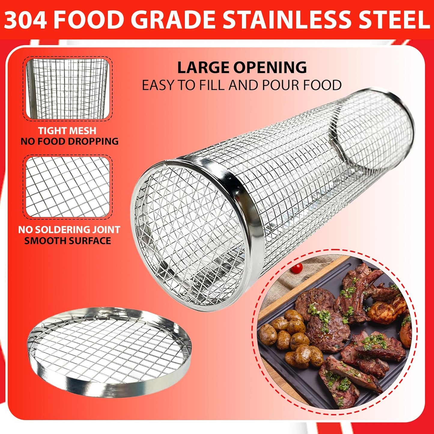 Sunmikosh Rolling Grilling Basket - Barbecue Portable Roll Grill Basket for Outdoor Camping - Stainless Steel BBQ Net Tube Grill Basket, Suitable for Fish, Kabob, Meat, Vegetables, French Fries