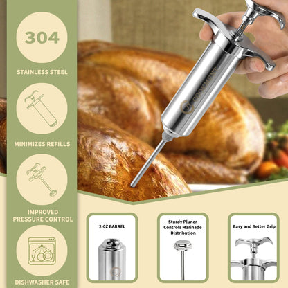 JY COOKMENT Meat Injector Syringe - Flavor Injector with 3 Stainless Steel Professional Needles;2Pcs Cleaning Brush for BBQ Grill Smoker 2-Oz Large Capacity Barrel