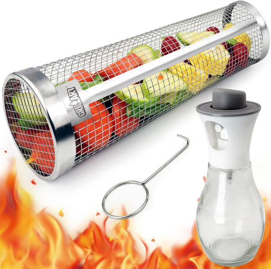 [Upgraded] Grilling Basket (Size XL), Dishwasher Safe round Grill Basket for Veggies, Stainless Steel Rolling Grilling Baskets for Outdoor Grilling, Durable, Easy to Store, Gifts for Men/Dad